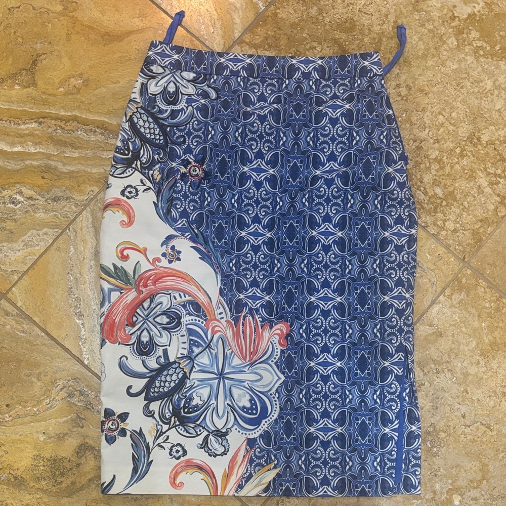 Moulinette Soeurs Blue Floral & Tile Print Pencil Skirt
